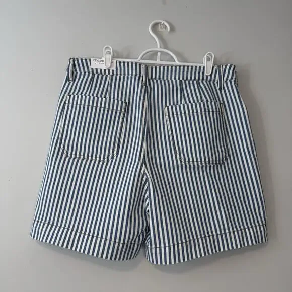 Chicos 2 Denim Mercado Trouser Shorts Women's Sz 12 Blue White Stripe 6.5 Inseam - Picture 4 of 10